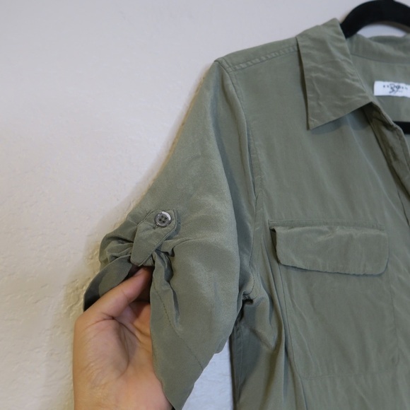 Equipment Button Up Shirt Dress Silk Mini Olive Green Lightweight Slim Fit Small - Picture 3 of 9